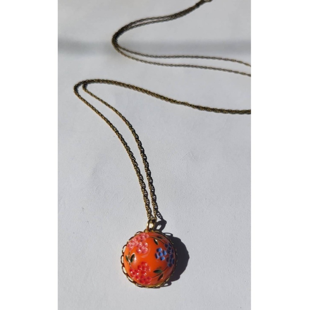 Vintage Art Glass Orange Floral Round Pendant Necklace Vintage Brass Chain